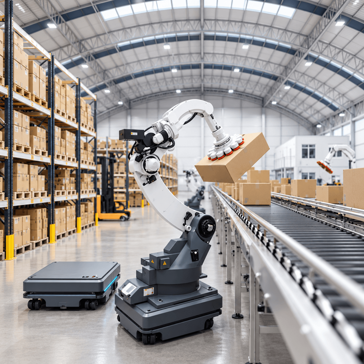 Braço robótico automatizando o manuseio de caixas em ambiente industrial